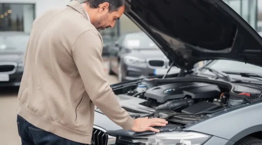 Acheteur inspectant le compartiment moteur d'une BMW Série 3 grise sur parking