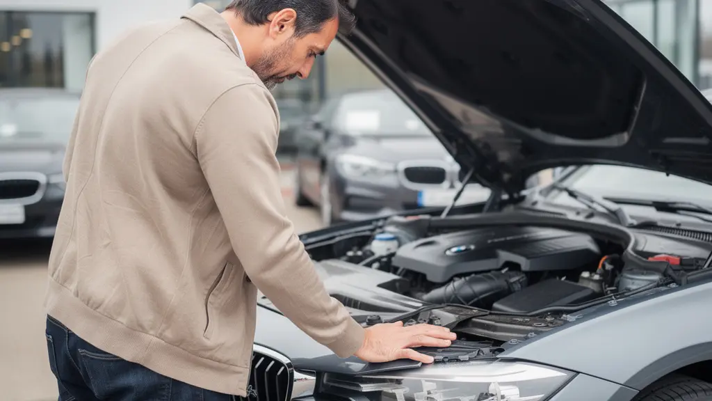 Acheteur inspectant le compartiment moteur d'une BMW Série 3 grise sur parking