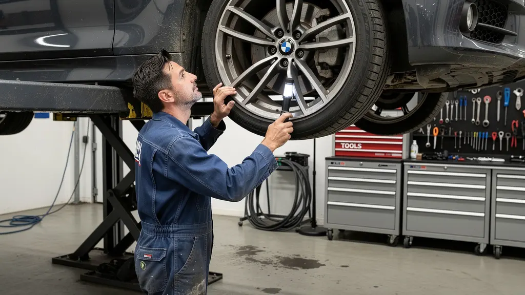 Technicien automobile inspectant le dessous d'une BMW sur pont élévateur