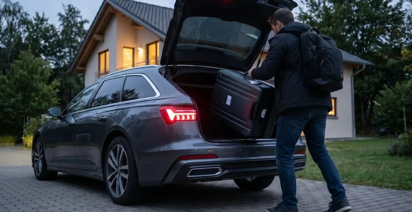 Personne de dos chargeant une valise volumineuse dans le coffre ouvert d'une berline en fin de journée