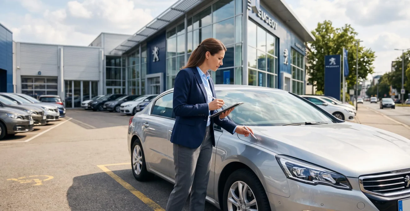 Conseiller automobile effectuant l'évaluation d'un véhicule sur le parvis d'une concession pour une estimation de reprise