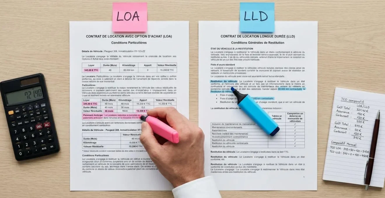 Deux contrats de leasing automobile en français posés côte à côte sur bureau blanc, l'un étiqueté LOA l'autre LLD, passages surlignés en rose et bleu, main tenant surligneur, calculatrice et notes manuscrites de calculs TCO à côté, vue de dessus lumière douce