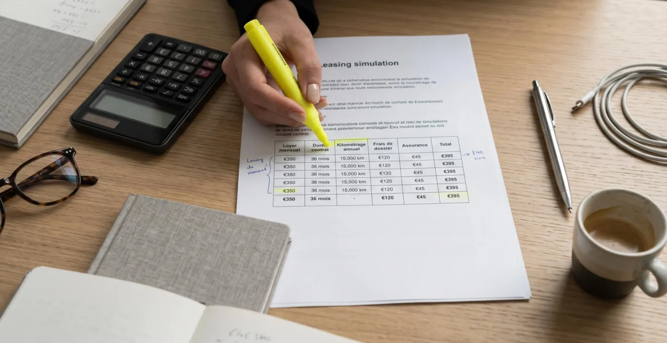Document de simulation de leasing automobile en français posé sur bureau blanc avec colonnes détaillant loyer mensuel, durée, kilométrage et frais, main tenant surligneur jaune pointant une ligne du tableau, calculatrice et notes à côté, vue de dessus lumière diffuse