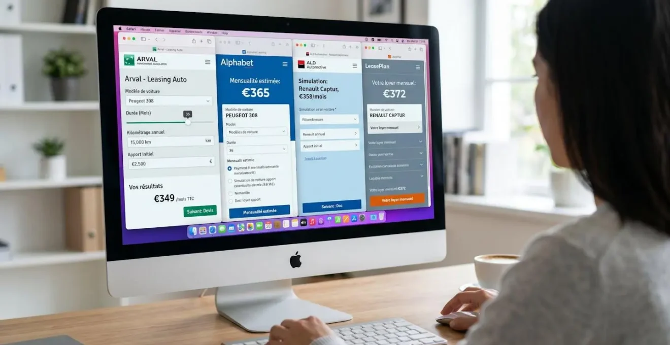Écran d'ordinateur de bureau affichant un navigateur web avec quatre onglets ouverts montrant différents simulateurs de leasing automobile en français, interface moderne avec champs de saisie et résultats de mensualités, personne floue de dos devant l'écran, lumière naturelle bureau