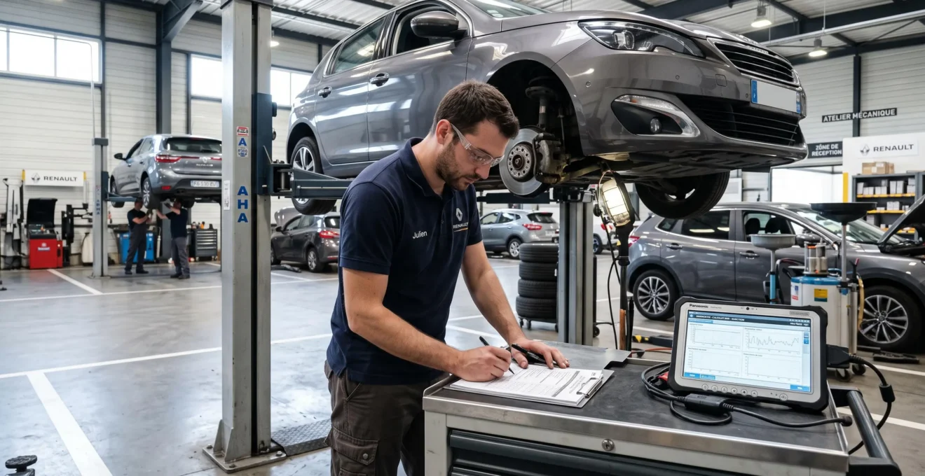 Technicien automobile effectuant un contrôle qualité approfondi sur un véhicule d'occasion dans un atelier de concession